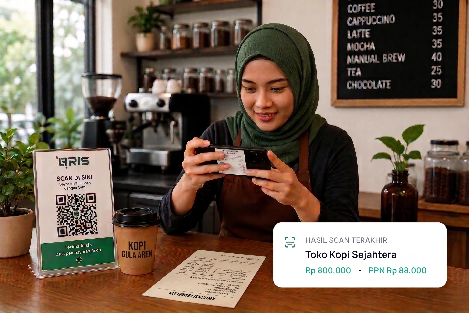 Pemilik usaha memindai struk pembelian dengan ponsel di meja kasir, dengan tanda QRIS, cangkir kopi, dan hasil scan PPN Rp 88.000 yang tampil di ATLAS Mini
